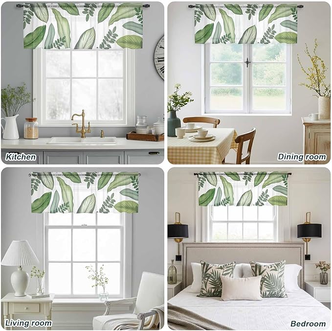 Summer Palm Leaf Sheer Valance Curtains, Green Tropical Plants Nature Leaves Modern Light Filtering Kitchen Valances Rod Pocket Voile Curtain Window Treatment for Bedroom/Living Room/Basement 54Wx18L