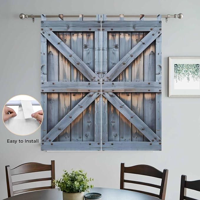 Farmhouse Wood Grain Bathroom Curtains 63 Inch Length, Window Curtains Tab Top, Vintage Country Barn Gate Textured Light Filtering Window Treatments Drapes 52"x63" 2 Panel
