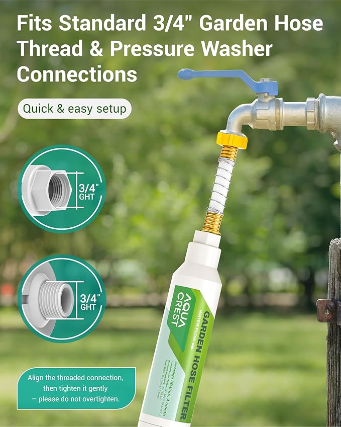 AQUA CREST Garden Hose Water Filter for Plants, Greatly Reduces Chlorine, Odor, Improve Plants Health, Ideal for Organic Gardening, Farming and Pets, 4 Pack with 2 Hose Protector