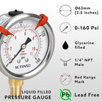0 to 160 Psi Lead-Free Pressure Gauge, Glycerin Liquid Filled, 2.5 inch Dial, 1/4" NPT Lower Mount, Stainless Steel Case, for Regulator, Potable Water Pump, RV Hose, Well, Air, Pressure Test