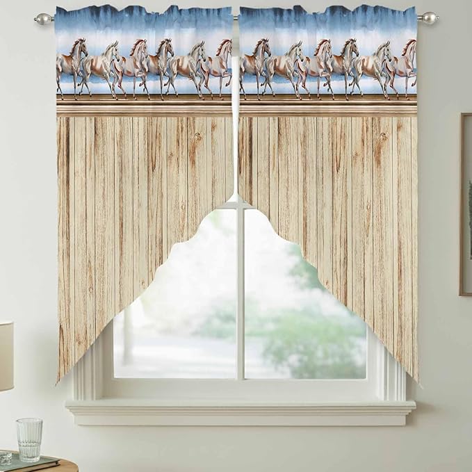 Western Horse Swag Valances for Windows, Farmhouse Wooden Grain Vintage Cowboy Barn Door Rod Pocket Kitchen Curtains Valance, Small Window Curtains Swag for Cafe Living Room, 2 Panels, 36x36 inch