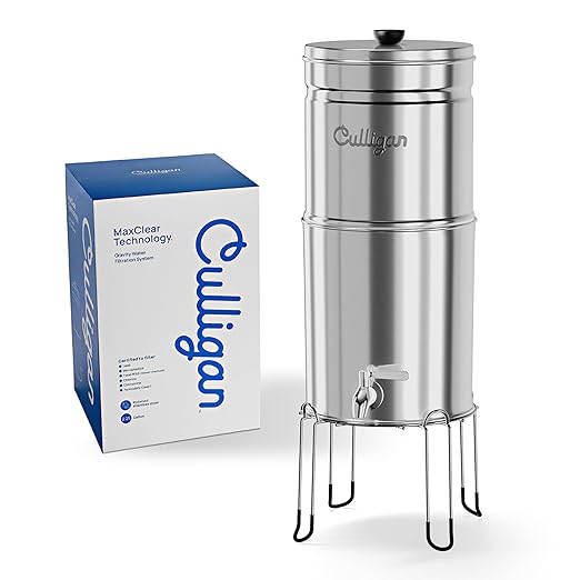 Culligan MaxClear 2.25 Gallon Gravity Water Filter System, Polished Stainless-Steel Countertop Water Filter NSF/ANSI Certified to Reduce Microplastics, Lead & Total PFAS, with 2 Ceramic Filter