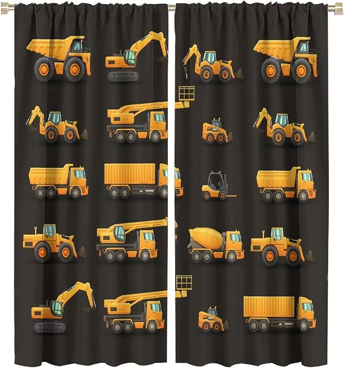 Kids Construction Window Curtains, Construction Machinery Equipment Mode of Transport Bulldozer Tractor Windows Curtain for Children Teens Room Decor 55x63in (30% Blackout)