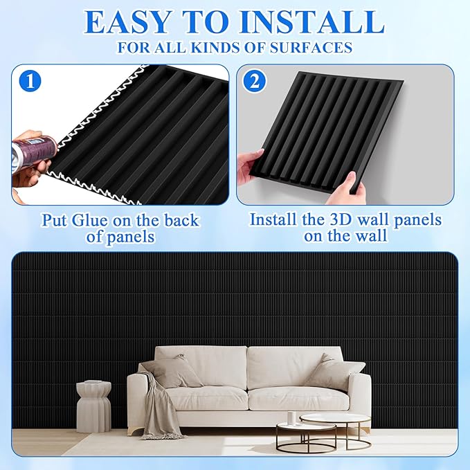 Nuanchu 60 Pcs 3D Slat Wall Panels 12 x 12 Inch PVC Fluted Textured Panel Cuttable Paintable DIY Wall Art Decorative Tiles for Ceiling Studio Bathroom Interior TV Background (Black)