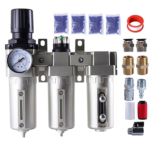 1/2 Inch NPT Industrial Grade Three Stage Air Drying System, Particulate Filter, Coalescing Filter, Desiccant Dryer and Air Regulator, 0-240 PSI, Semi-Auto Drain