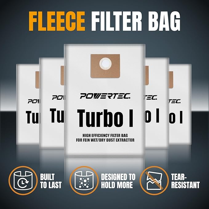 POWERTEC Turbo I, 9-20-27 Fleece Filter Bags 5PK, for Fein Dustex 25 L Wet/Dry Dust Extractor, for Fein 31345061010 Shop Vacuum Replacement Bags, Filter Bags, Dust Bags (75041)