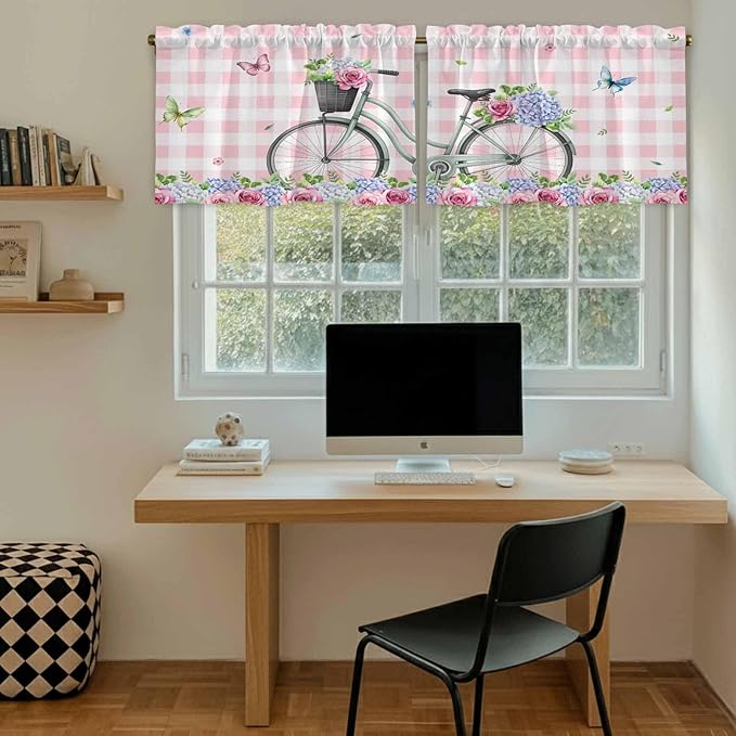Spring Tier Curtains, Bicycles Leaves Butterfly Flowers Pink Buffalo Plaid Light Filtering Kitchen Curtains, 2Pcs Rod Pocket Half Window Treatments Panels for Sink Cafe Cabinet Camper 27.5x36 Inches