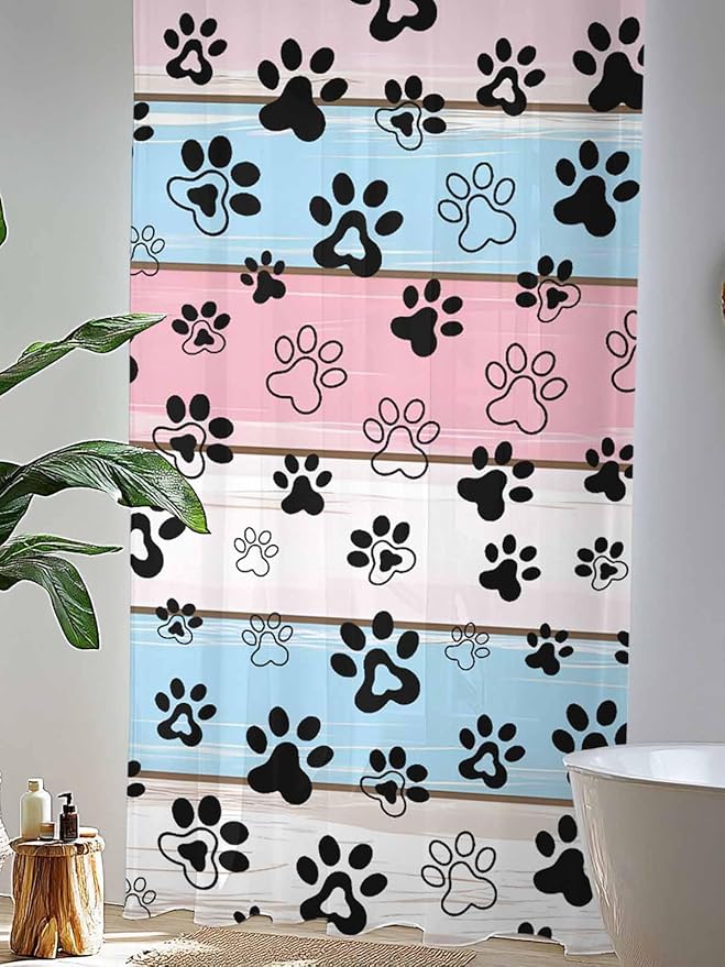 Sheer Curtains 108 Inches Long, Pink Blue Paw Print Semi Sheer Curtains Light Filtering Window Treatment, Vintage Farmhouse Wooden Grain Privacy Voile Drapes for Living Room Bedroom 52x108 Inch