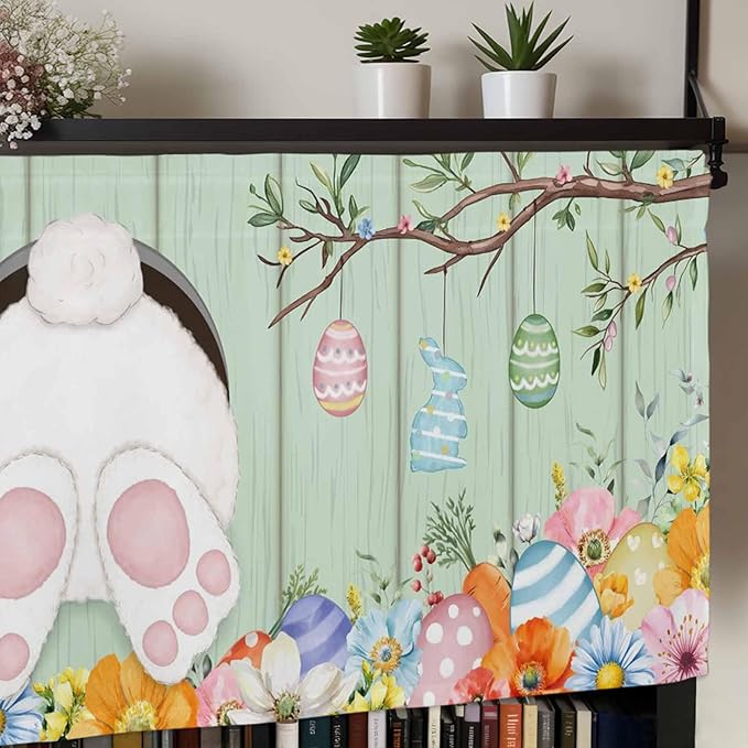 Easter Curtain Valances for Windows, Kitchen Valance Window Treatment, Spring Watercolor Bunny Eggs Wooden Grain Green Light Filtering Block Curtains for Bathroom/Bedroom/Living Room 60'' x 18''