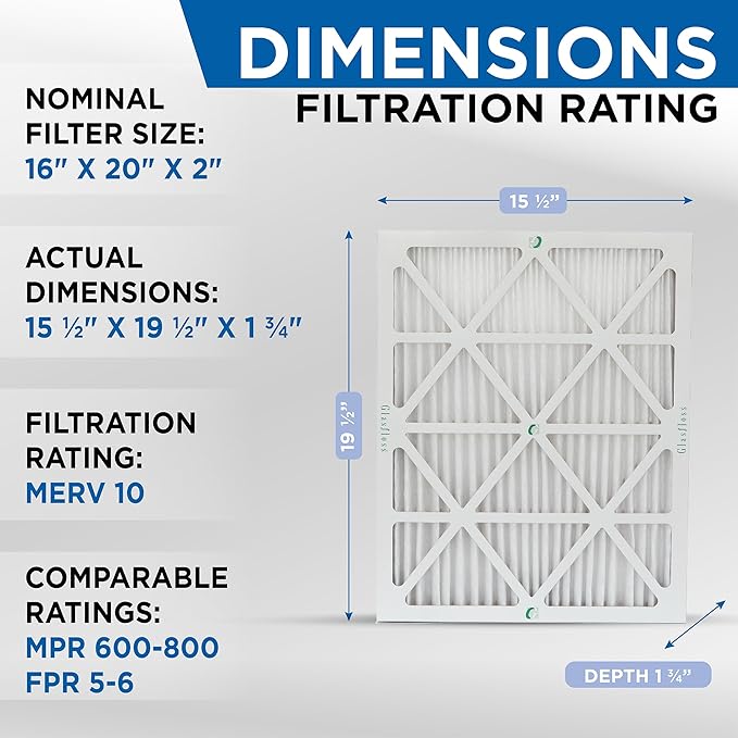 Glasfloss 16x20x2 MERV 10 (FPR 5-6) 2" Inch Pleated Air Filters Box of 6. Actual Size: 15-1/2 x 19-1/2 x 1-3/4