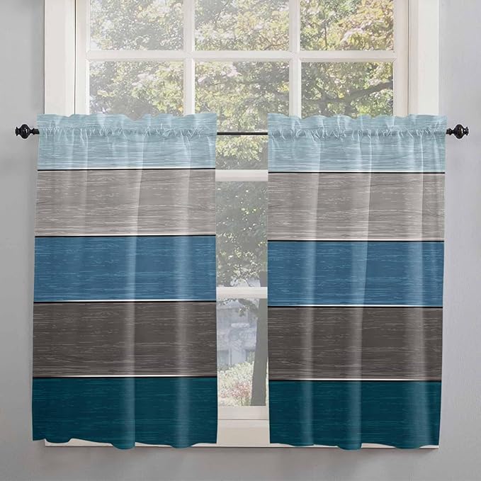 Retro Farm Blue Gray Wood Grain Window Valance Curtains, Rustic Wooden Plank Light Filtering Kitchen Valance with 3-inch Rod Pocket for Living Room Bathroom Bedroom,2 Panel,52x45In