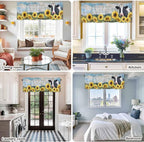 Cow Sunflowers Curtain Valances for Windows, Kitchen Valance Window Treatment, Farmhouse Animal Blue Sky Wooden Grain Light Filtering Block Curtains for Bathroom/Bedroom/Living Room 42'' x 18''