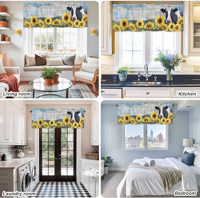Cow Sunflowers Curtain Valances for Windows, Kitchen Valance Window Treatment, Farmhouse Animal Blue Sky Wooden Grain Light Filtering Block Curtains for Bathroom/Bedroom/Living Room 60'' x 18''