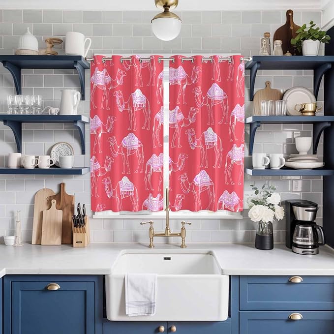 2 Panel Kitchen Cafe Curtains, Desert Camel Sunlight Filtering Nature Air Through, Home Decor Window Covering Tier Curtains for Living Room 104W x 84L inch Summer Sand Camel Animal Vintage Pink