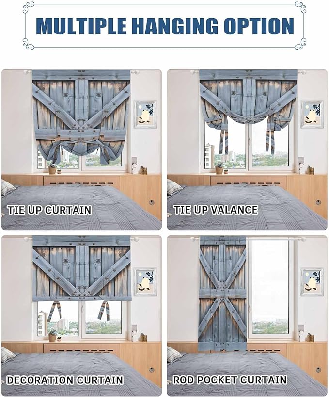Tie Up Curtains for Windows, Farmhouse Wood Grain Adjustable Balloon Nature Linen Textured Kitchen Curtain, Vintage Country Barn Gate Textured Privacy Curtains Balloon Blind for Cafe, 42 x 63 Inches