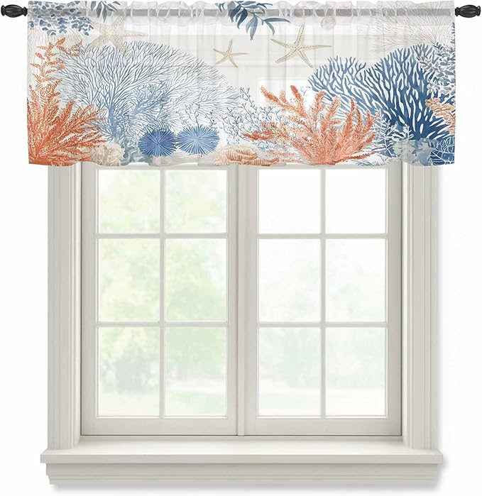 Ocean Corals Sheer Valance Curtains, Summer Beach Coral Sea Stars Light Filtering Kitchen Valances Rod Pocket Voile Curtain Window Treatment for Bedroom/Living Room/Basement 54Wx18L
