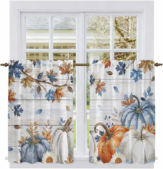 Thanksgiving Pumpkin Kitchen Curtains 45 Inch Long 2 Panel Set, Rod Pocket Window Treatment, Fall Maple Leaf Daisy Wooden Grain Light Filtering Panels Short Drapes for Bathroom Camper 42"W x 45"L