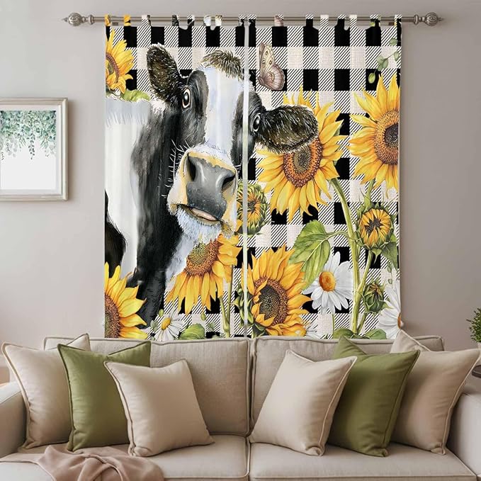Retro Sunflowers Living Room Curtains 84 Inch Length, Window Curtains Tab Top, Farmhouse Floral Cow Butterfly Black Plaid Light Filtering Window Treatments Drapes 52"x84" 2 Panel