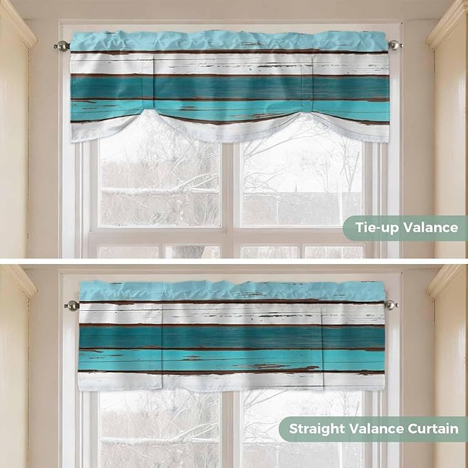 Turquoise Teal Tie Up Valance Curtains for Windows, Kitchen Curtains Window Shades, Farmhouse Retro Ombre Wooden Grain Light Filtering Roman Curtain Valances for Bedroom/Bathroom/Cafe 54"x18"