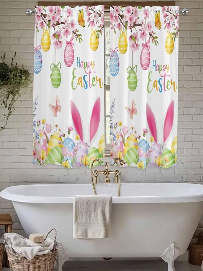 Happy Easter Living Room Curtains 72 Inches length, Spring Watercolor Bunny Eggs Flower Branch Window Treatment Curtain Drapes, Light Filtering Drapes for Bedroom Laundry Room, 52"x72", 2 Panels