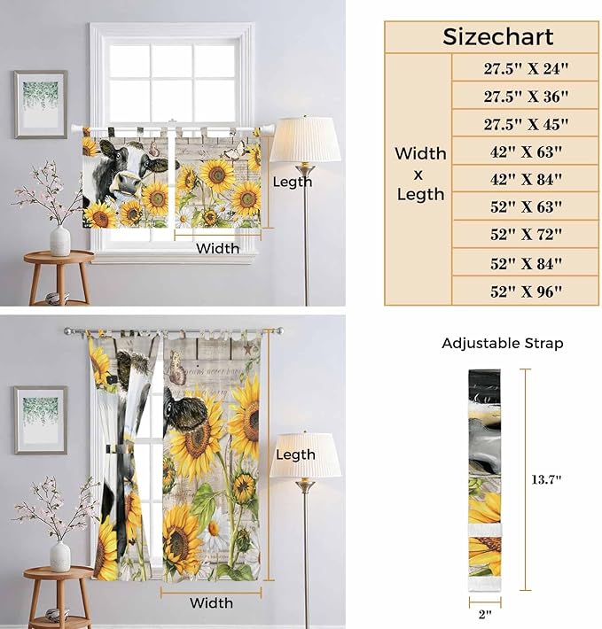 Yellow Sunflowers Living Room Curtains 84 Inch Length, Window Curtains Tab Top, Farmhouse Cow Barn Doors Floral Butterfly Light Filtering Window Treatments Drapes 52"x84" 2 Panel