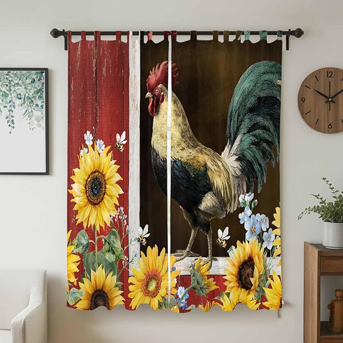 Chicken Sunflowers Living Room Curtains 96 Inch Length, Window Curtains Tab Top, Farmhouse Animals Red Barn Bees Light Filtering Window Treatments Drapes 52"x96" 2 Panel