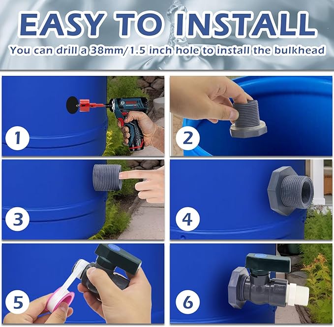 2 Set PVC Rain Barrel Diverter Kit Rain Barrel 3/4 Inch Spigot Kit with Bulkhead Fitting, Hose (25mm/1" + 16mm/0.63") Adapter, Hole Saw, Ball Valve, Clamps, Thread Seal Tape