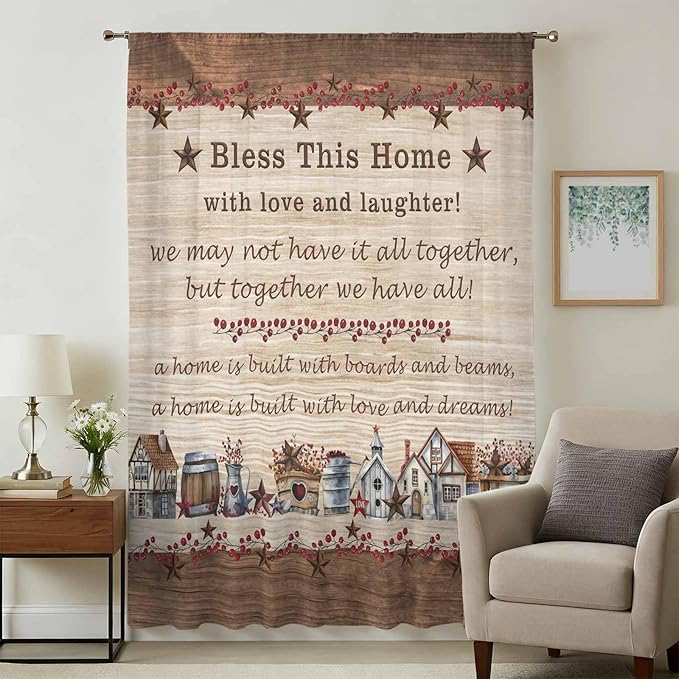 Farmhouse Sheer Curtains 63 Inch Length Brown Country Star Berry Vintage Wood Grain Chiffon Curtain for Bedroom Living Room Light Filtering Rod Pocket Window Treatments Voile Curtains Drapes