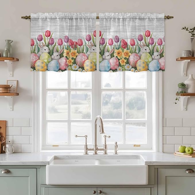 Easter Kitchen Tier Curtains 36 Inch Long 2 Panel Set,Rod Pocket Half Window Curtains Over Sink,Retro Spring Bunny Eggs Tulip Farm Wooden Grain Light Filtering Short Drapes Cafe 27.5"W x 36"L