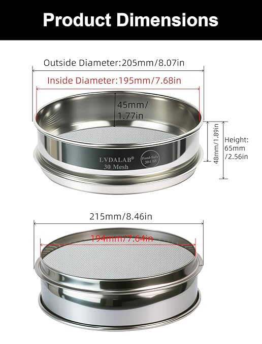All 304 Stainless Steel 30 Mesh Test Sieve (0.6mm Aperture), 8 Inch/20cm Diameter, Lab Sieve & Filter, Durable Metal Mesh Sifter for Glass Beads, Crystal & Material Testing