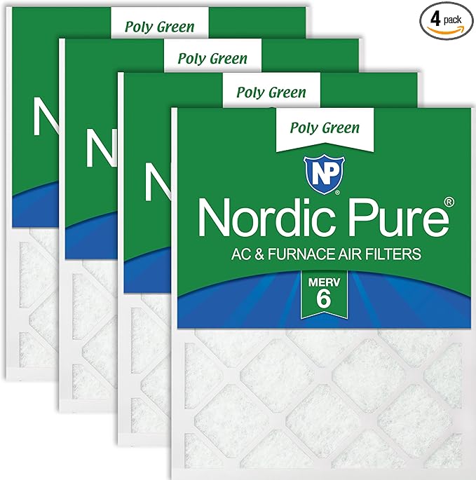 Nordic Pure 12x24x1 (Actual Size: 11 1/2 x 23 1/2 x 3/4) Poly Green MERV 6 AC Furnace Air Filters – Reduces Dust, Pollen, Pet Dander & Allergens – 4-Pack