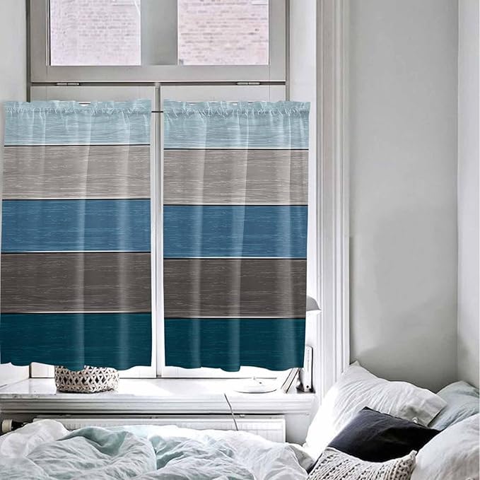 Retro Farm Blue Gray Wood Grain Window Valance Curtains, Rustic Wooden Plank Light Filtering Kitchen Valance with 3-inch Rod Pocket for Living Room Bathroom Bedroom,2 Panel,42x54In