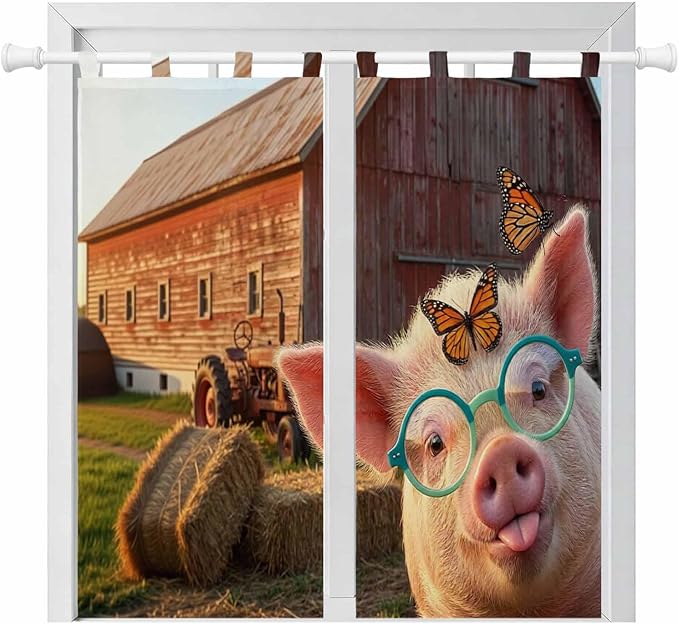 Farm Pig Bedroom Curtains 72 Inch Length, Window Curtains Tab Top, Farmhouse Barn Funny Animals Butterfly Light Filtering Window Treatments Drapes 52"x72" 2 Panel