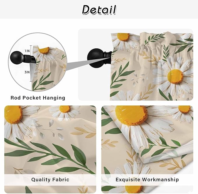 Spring Daisy Kitchen Curtains, Country Watercolor Flower Leaf Plant Light Filtering Window Curtain Panels, 2Pcs Rod Pocket Window Treatments Set for Living Room Bathroom Bedroom 42x63 Inches