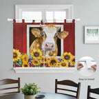 Cows Sunflowers Kitchen Curtains 45 Inch Length, Short Cafe Window Curtains Tab Top, Spring Floral Bees Farmhouse Barn Light Filtering Window Treatments Tier Drapes 27.5"x45" 2 Panel
