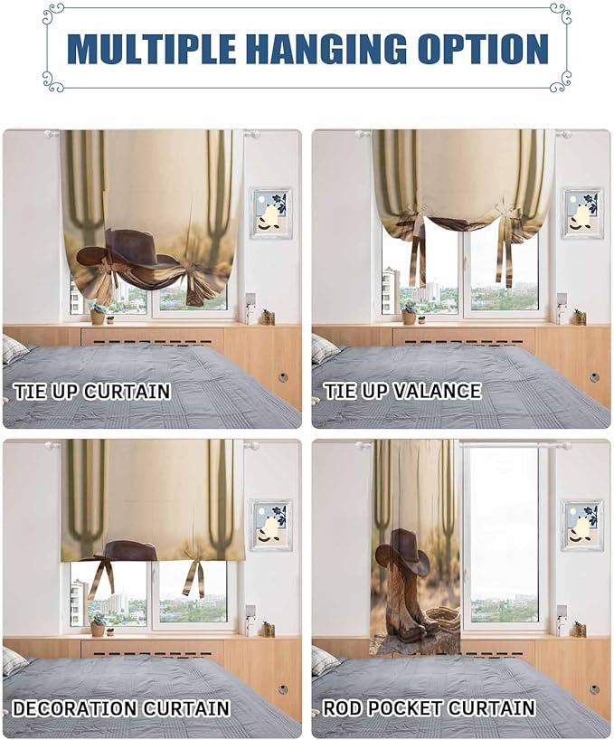 Tie Up Curtains for Windows, Cowboy Western Adjustable Balloon Nature Linen Textured Kitchen Curtain, Cowboy Hats Boots Desert Cacti Vintage Room Darkening Curtains for Glass Door, 42 x 45 in