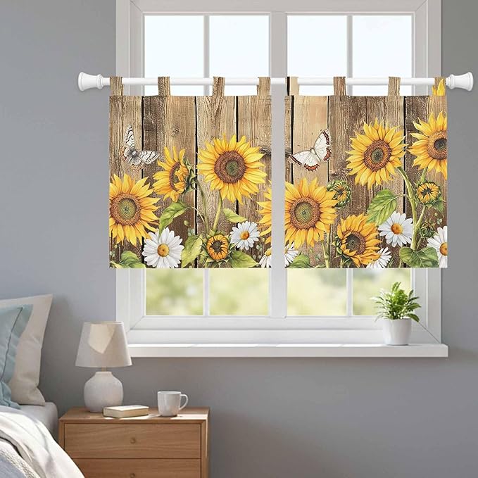 Farmhouse Sunflowers Kitchen Curtains 36 Inch Length, Small Window Curtains Tab Top, Rustic Floral Buttterfly Wood Board Brown Light Filtering Short Window Treatments Tier Drapes 27.5"x36" 2 Panel