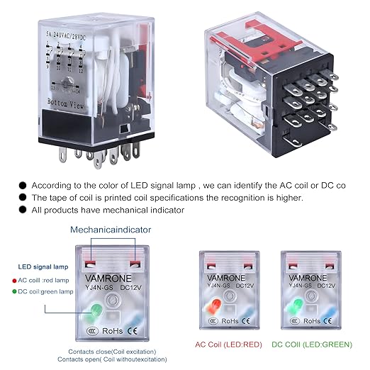 Electromagnetic Power Relay, 14-Pin 5 AMP 12V DC Relay Coil with Socket Base, LED Indicator, 4PDT 4NO 4NC - MY4NJ [Applicable for DIN Rail System]