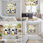 Kitchen Curtains Tiers and Valance Set of 3, Cow Sunflowers Light Filtering Window Curtain Set, Spring Botanical Floral Flowers Animals Rod Pocket Curtain Drapes for Cafe, Living Room, 24 Inches Tiers