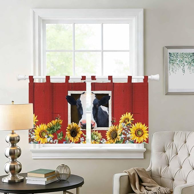 Cow Sunflowers Kitchen Curtains 36 Inch Length, Small Window Curtains Tab Top, Botanical Floral Leaves Bees Farm Barn Light Filtering Short Window Treatments Tier Drapes 27.5"x36" 2 Panel