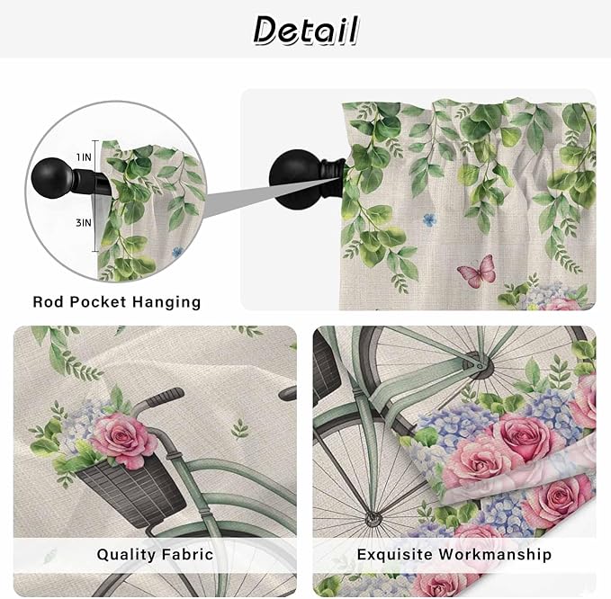 Farmhouse Spring Kitchen Curtains, Retro Bicycles Flowers Vines Butterfly Light Filtering Window Curtain Panels, 2Pcs Rod Pocket Window Treatments Set for Study Room Bathroom Bedroom 52x54 Inches