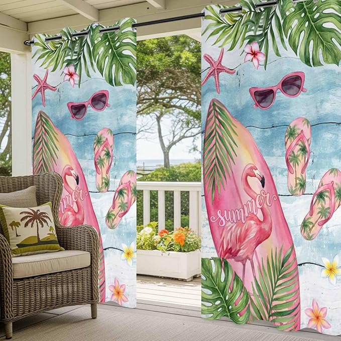 Summer Flamingbirds Outdoor Curtains for Patio Palm Leaves Plumeria Wood Waterproof Outside Curtains with Grommet Top Weatherproof Curtain for Cabana Pergola Gazebo, 2 Pack, 54" W x 108" L