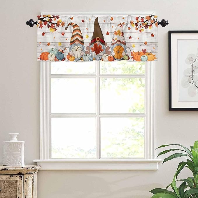 Fall Gnomes Kitchen Curtain Set, Thanksgiving Maple Leaf Grey Wood Grain Window Valance and Tiers 24" Length, Light Filtering Short Curtains Valance for Cafe Bathroom Bedroom 54"x18"