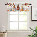 Fall Gnomes Kitchen Curtain Set, Thanksgiving Maple Leaf Grey Wood Grain Window Valance and Tiers 24" Length, Light Filtering Short Curtains Valance for Cafe Bathroom Bedroom 54"x18"