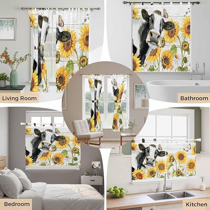 Retro Farmhouse Floral Kitchen Curtains 24 Inch Length, Small Window Curtains Tab Top, Yellow Sunflowers Cows Butterfly Wood Light Filtering Short Window Treatments Tier Drapes 27.5"x24" 2 Panel