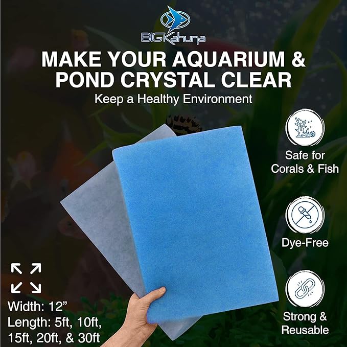 Big Kahuna Aquarium Filter Floss for Fish Tank Filters – Aquarium Filter Pad – 3/4-1 Inch Thick 12 Inch Wide 30 Feet Long - Media Roll for Healthy Water in Freshwater Aquariums or Marine Aquariums