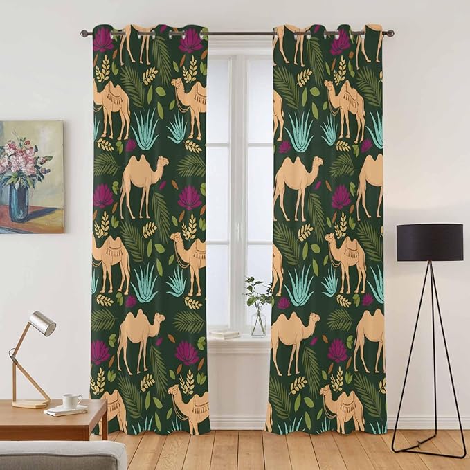 2 Panel Kitchen Cafe Curtains, Retro Desert Camel Sunlight Filtering Nature Air Through, Window Decor Tier Curtains for Living Room 104W x 96L inch Tropical Animal Aloe Vera Leaves Dark Green