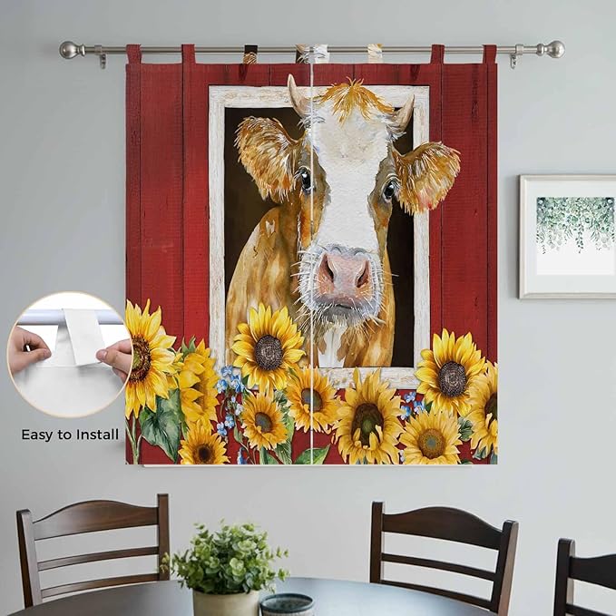 Cows Sunflowers Living Room Curtains 84 Inch Length, Window Curtains Tab Top, Spring Floral Bees Farmhouse Barn Light Filtering Window Treatments Drapes 42"x84" 2 Panel
