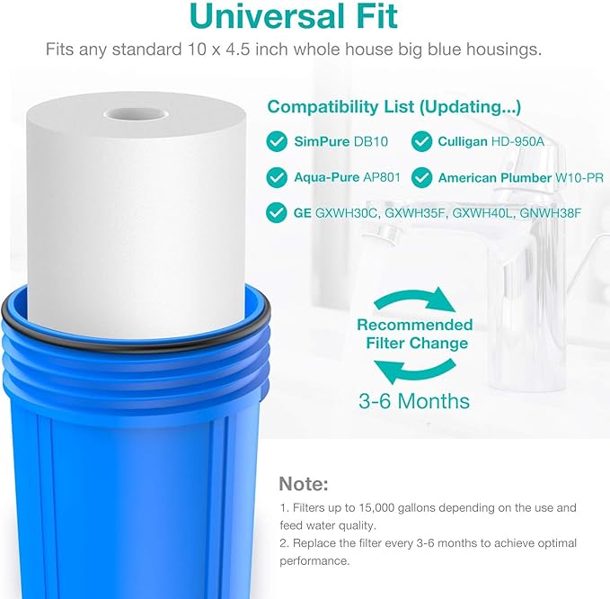 SimPure Sediment Water Filters, 5 Micron 10" x 4.5" Whole House Water Filter Replacement Compatible for W15-PR, DGD-5005, FP15B, HD-950A, GXWH35F, GXWH30C for Well Water, 4 Pack