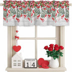 Poinsettia Berry Valance Curtains for Kitchen, Red Floral Winter Plants Vintage Wood Grain Privacy Rod Pocket Valance Curtain, Light-Filtering Window Treatment for Bedroom Bathroom, 60"x14"